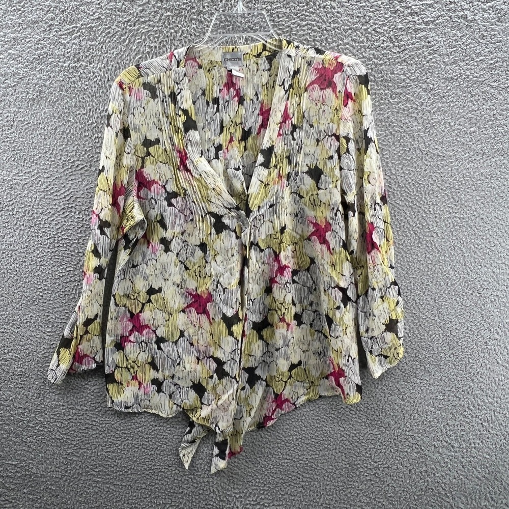 Chicos Womens Top 3 XL Silk Floral Abstract Crinkle Sheer Boho Artsy Blouse